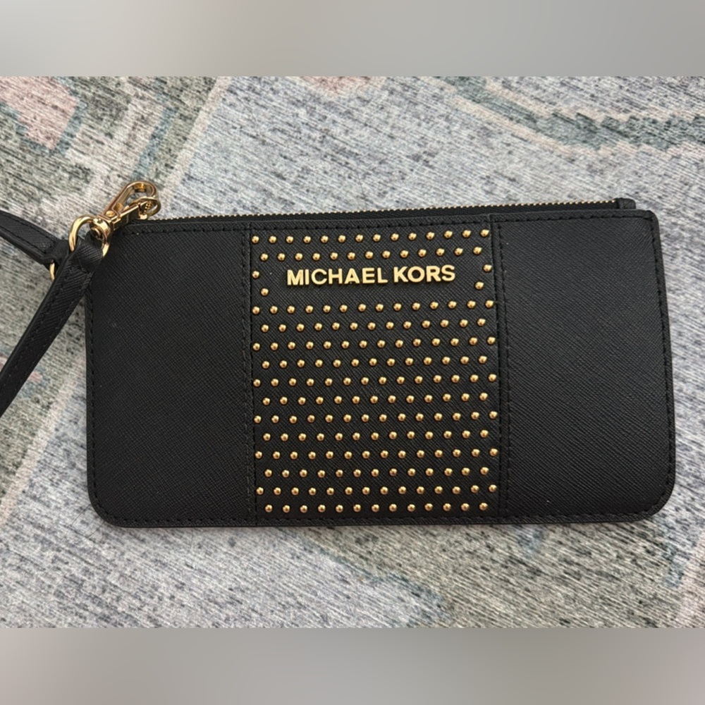 Michael Kors Black Saffiano Leather Studded Wristlet with Gold Hardware